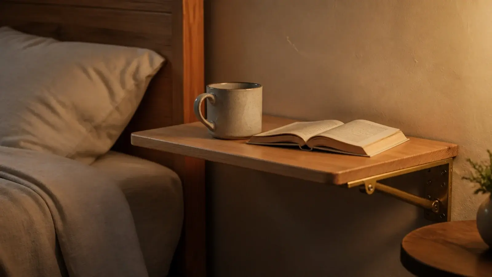 hinged wall tray folded down beside a bed holding a mug and book