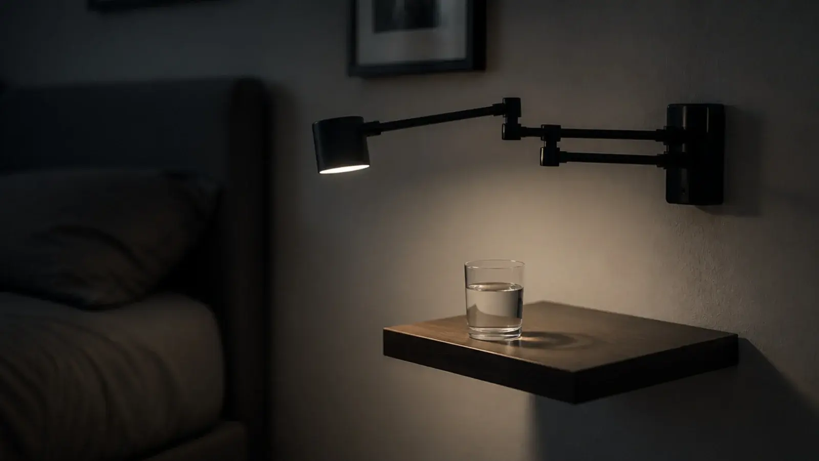 articulated swing arm sconce reaching over a very shallow bedside ledge