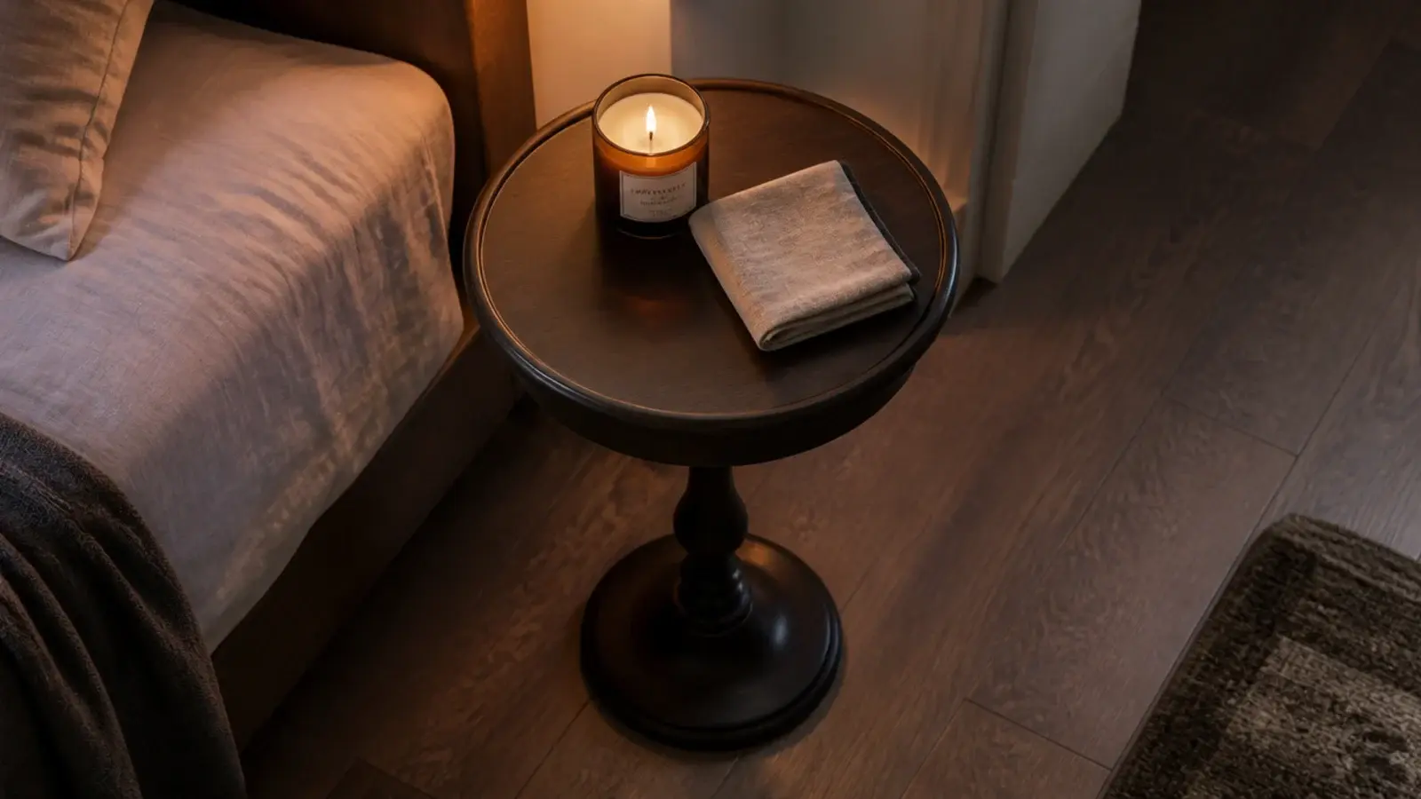 round topped narrow table with no corners beside a walkway