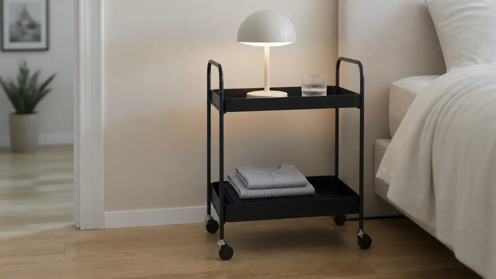 twelve inch metal trolley used as a bedside table with two tiers