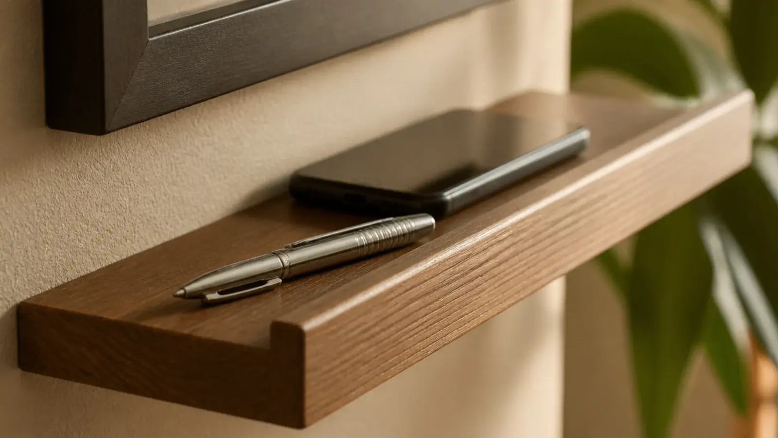 raised front lip on a shallow bedside shelf catching a pen