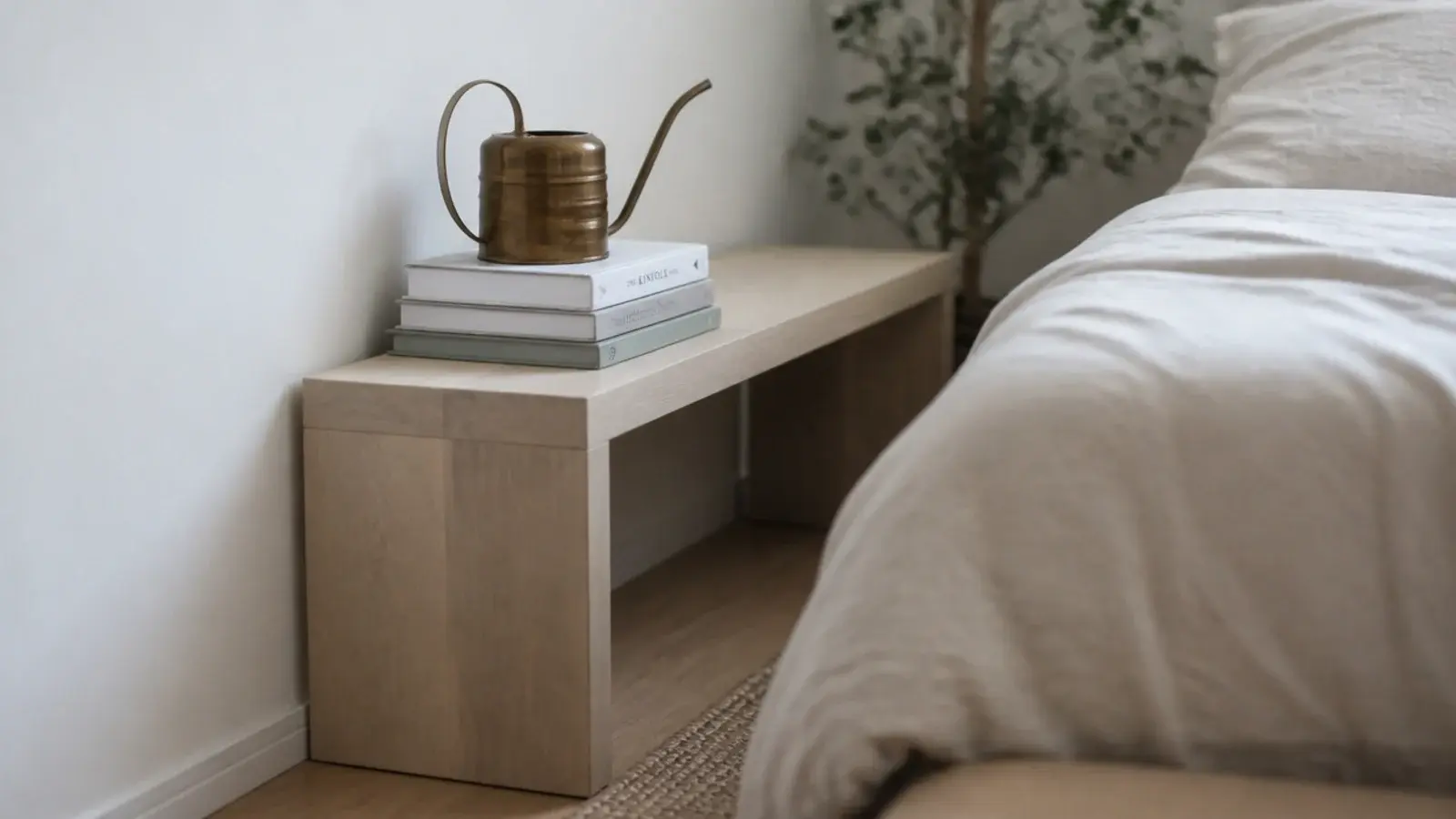 small wooden bench positioned end on beside a bed as a table