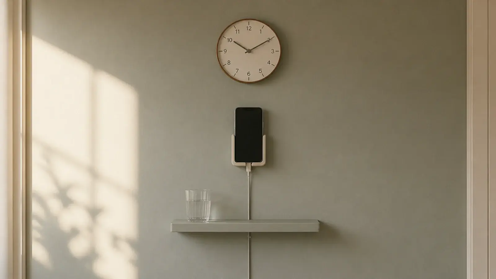 wall mounted clock and phone dock above a nearly empty bedside ledge