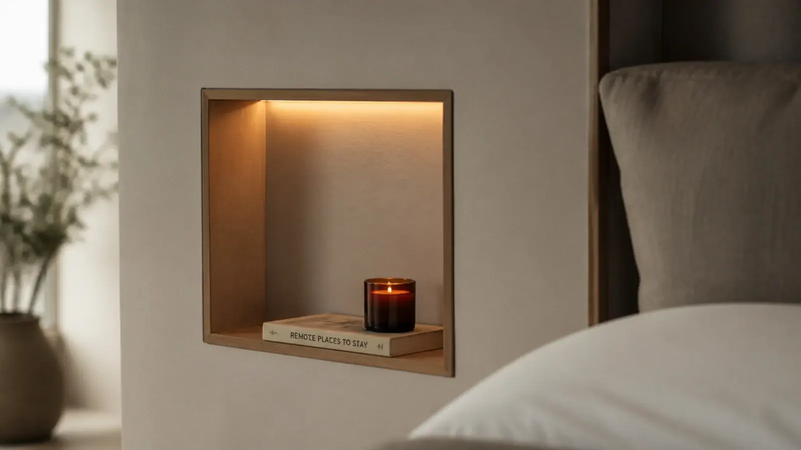 recessed niche cut into a bedroom wall beside a bed for storage