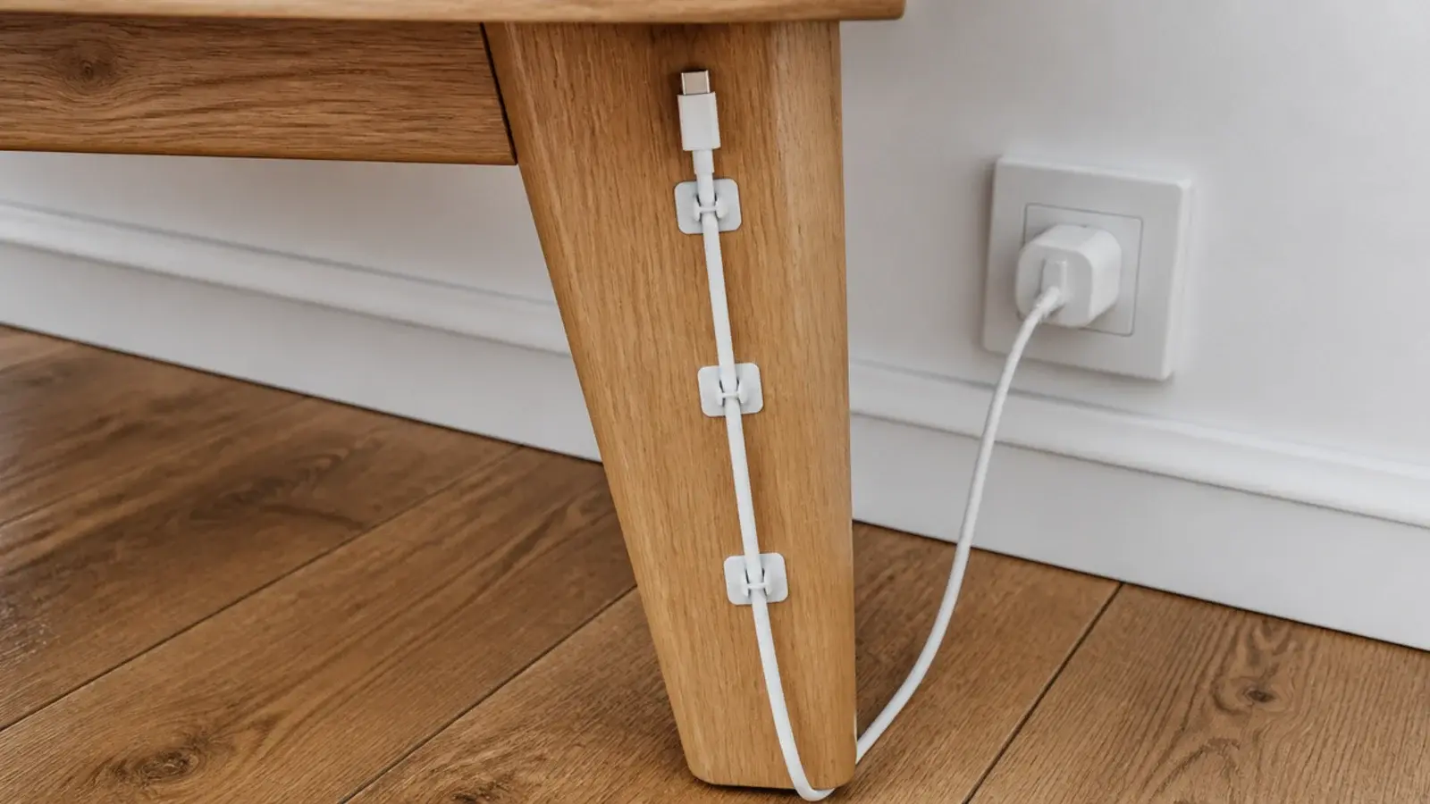 charging cable clipped neatly along the inside face of a table leg