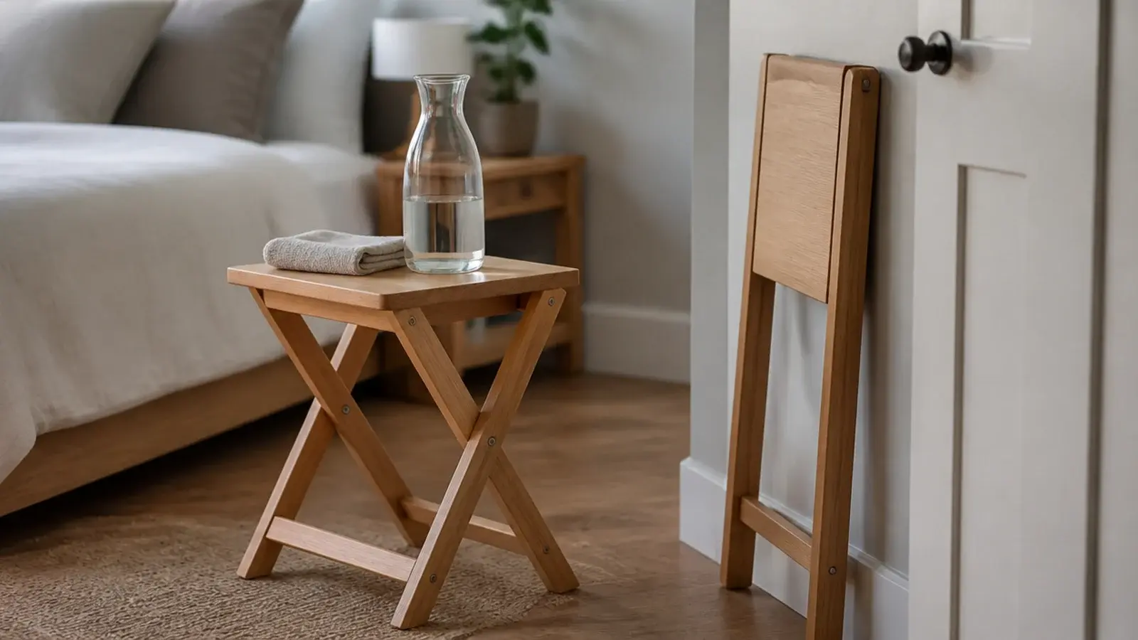 folding wooden stool used as a bedside table then folded away