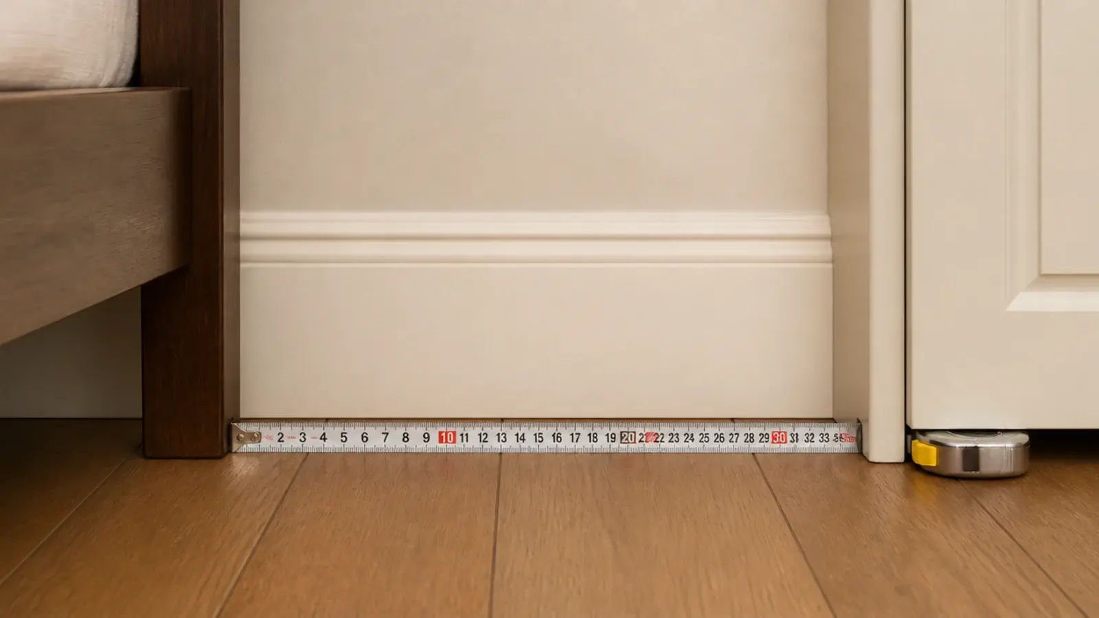tape measure stretched across the floor gap between a bed and a wardrobe