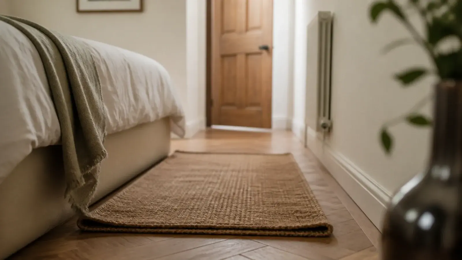 person sized gap marked out on a bedroom floor beside a bed frame