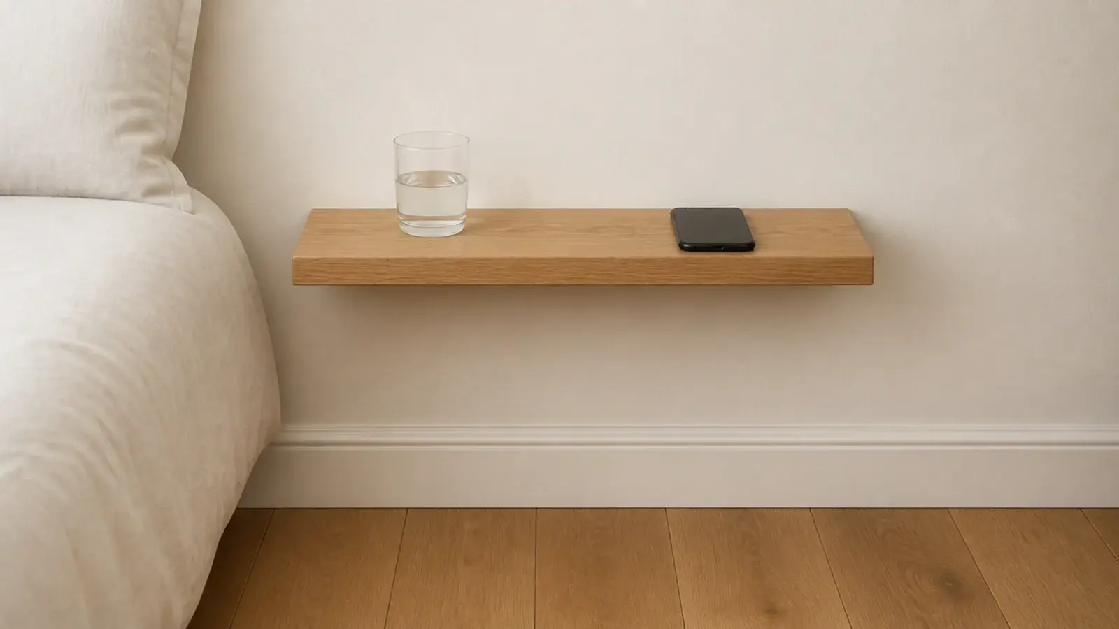 shallow oak wall ledge fixed at mattress height holding a phone and glass
