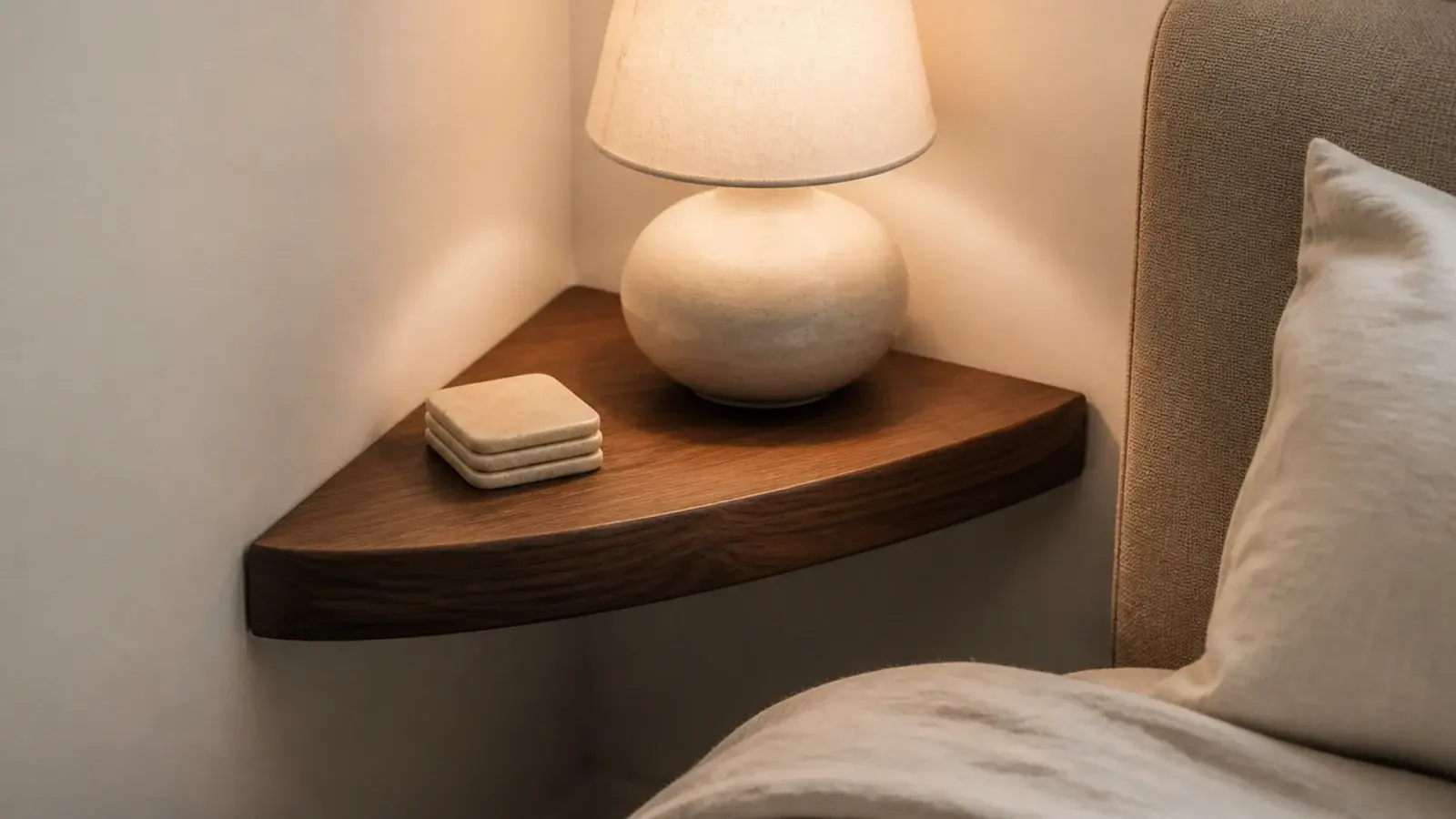 triangular corner table tucked between a bed head and two bedroom walls