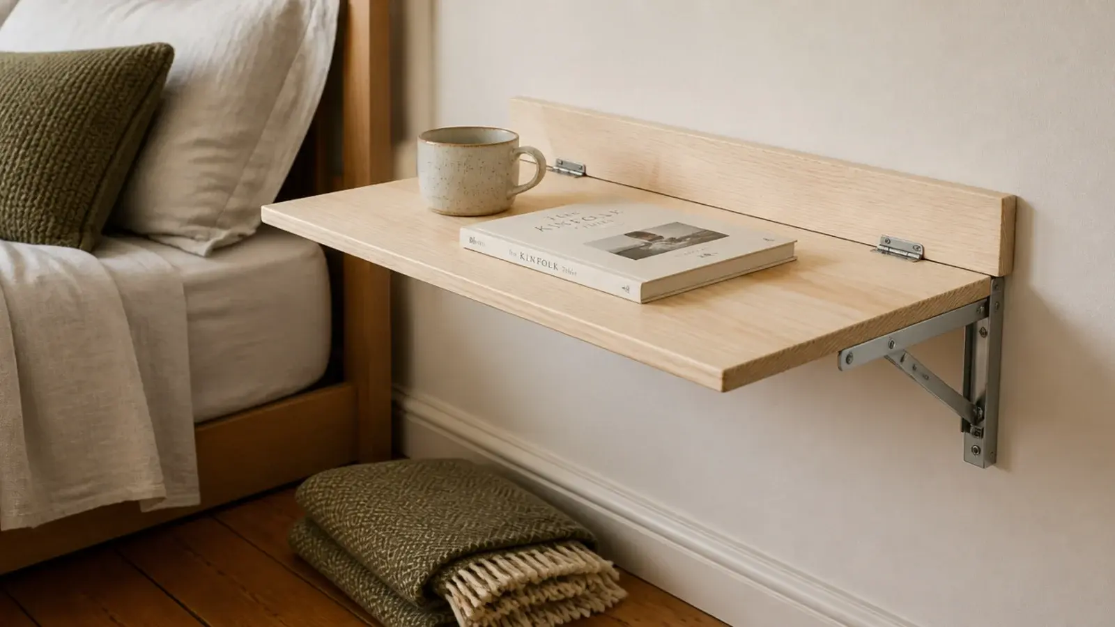 hinged fold down wall shelf shown half lowered beside a bed