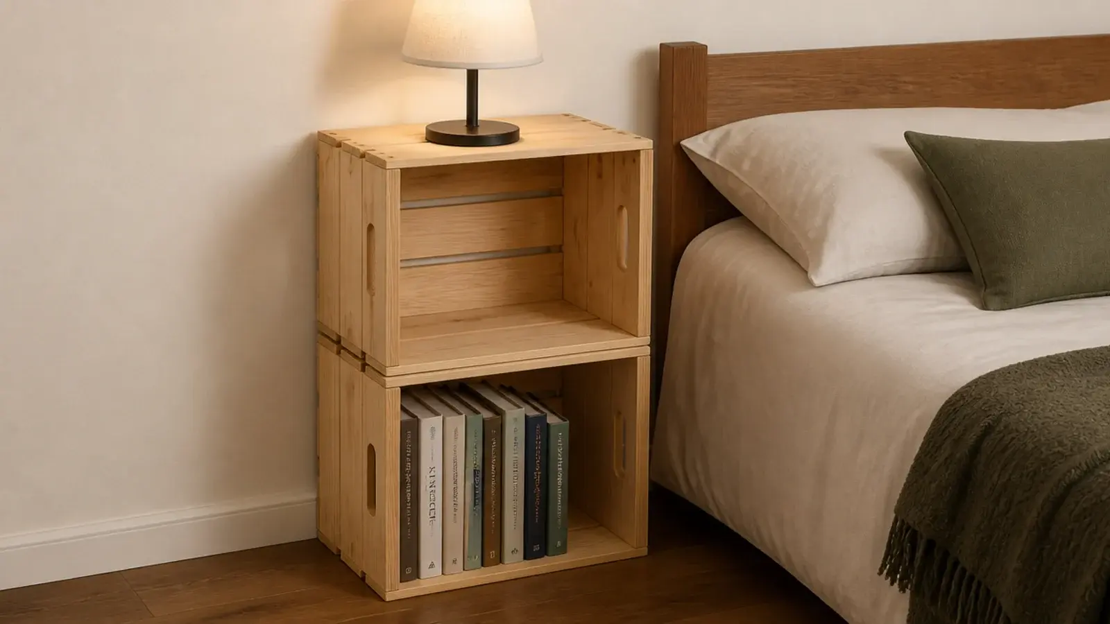 pair of wooden crates stacked upright as a bedside surface with storage