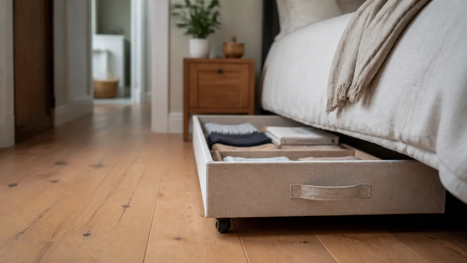 shallow rolling under bed drawer pulled out beside a low bed frame