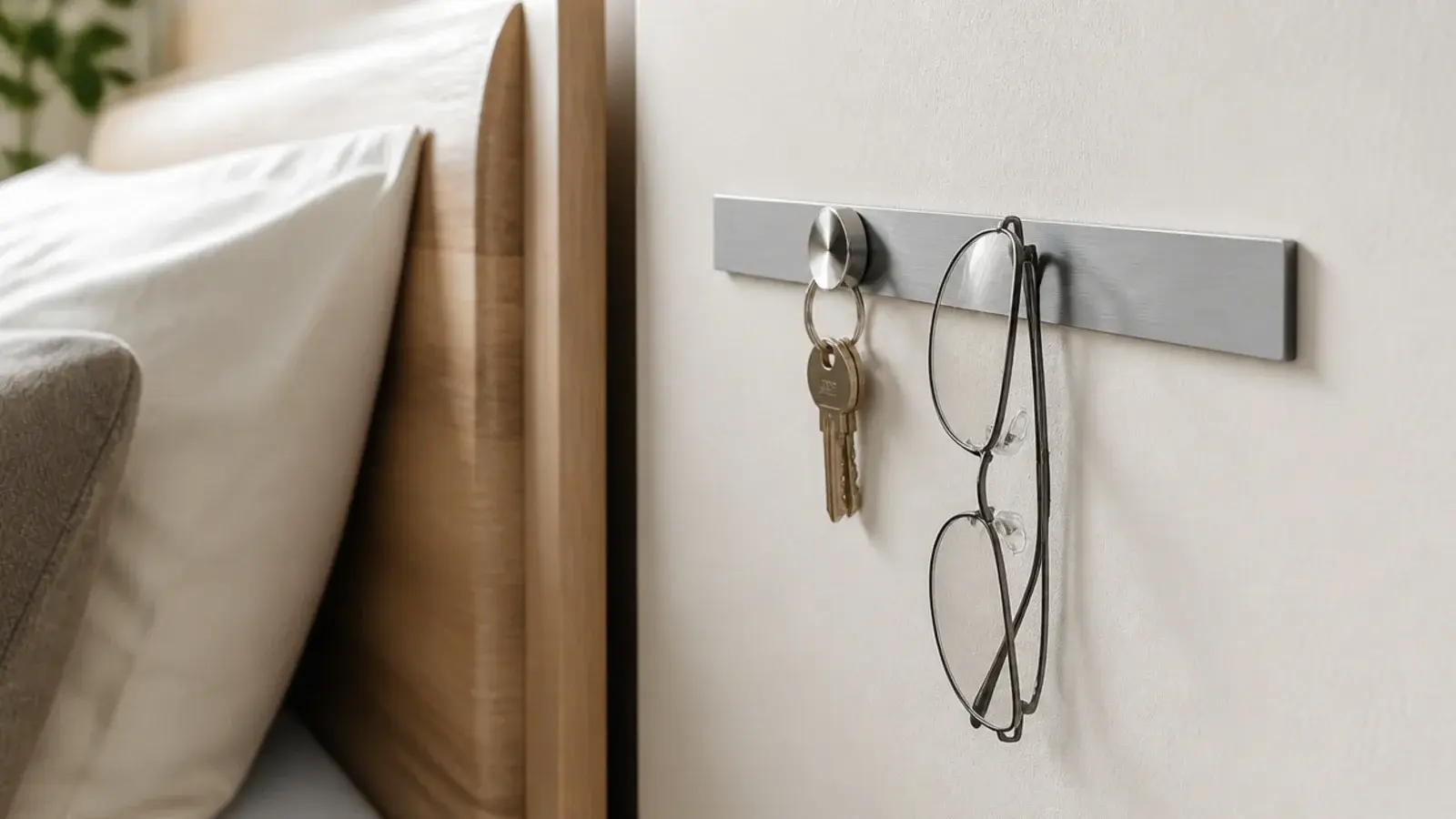 slim magnetic strip mounted on a bedroom wall holding small metal items