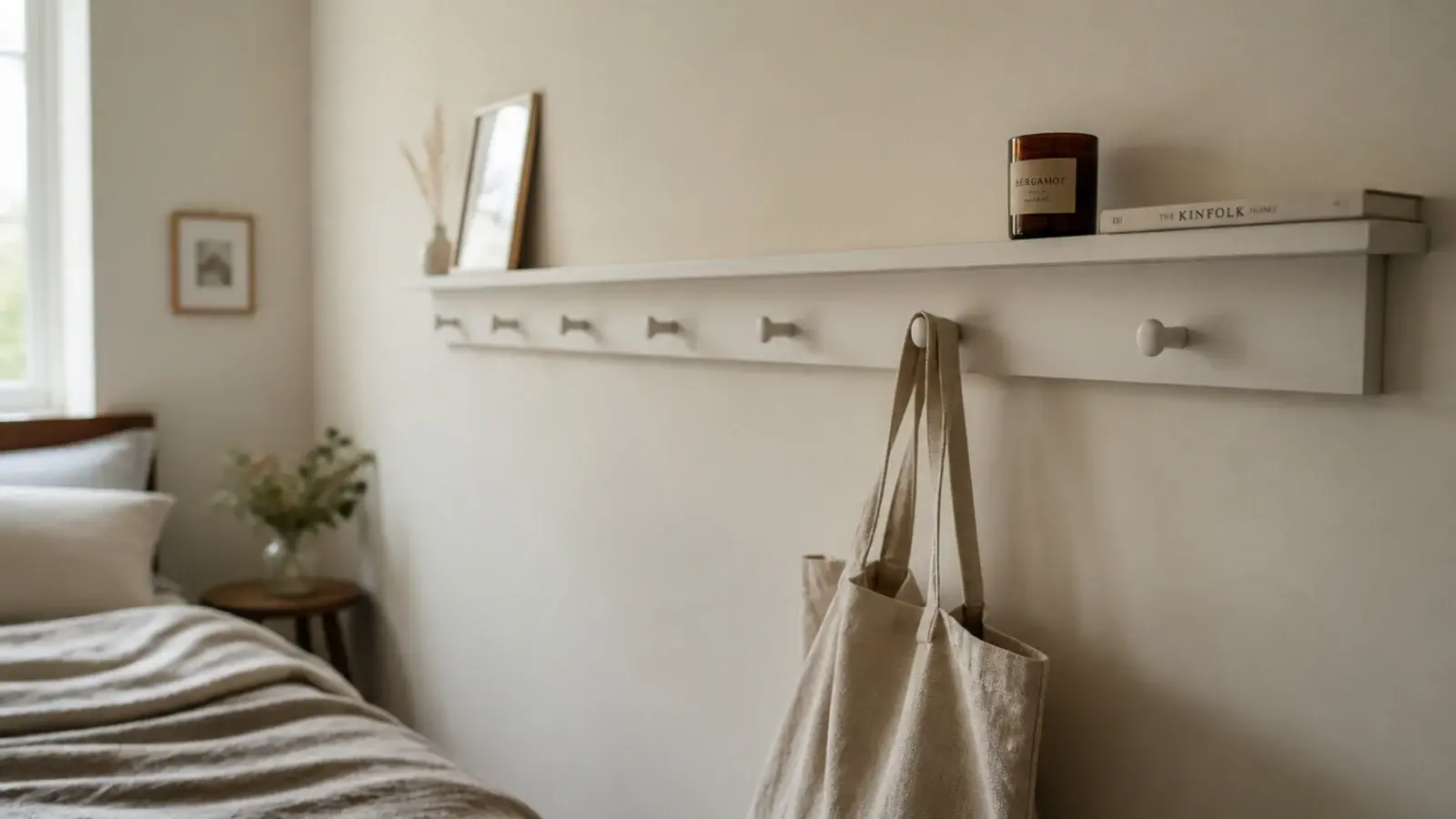 wooden peg rail above a bed with a narrow shelf and hanging bag