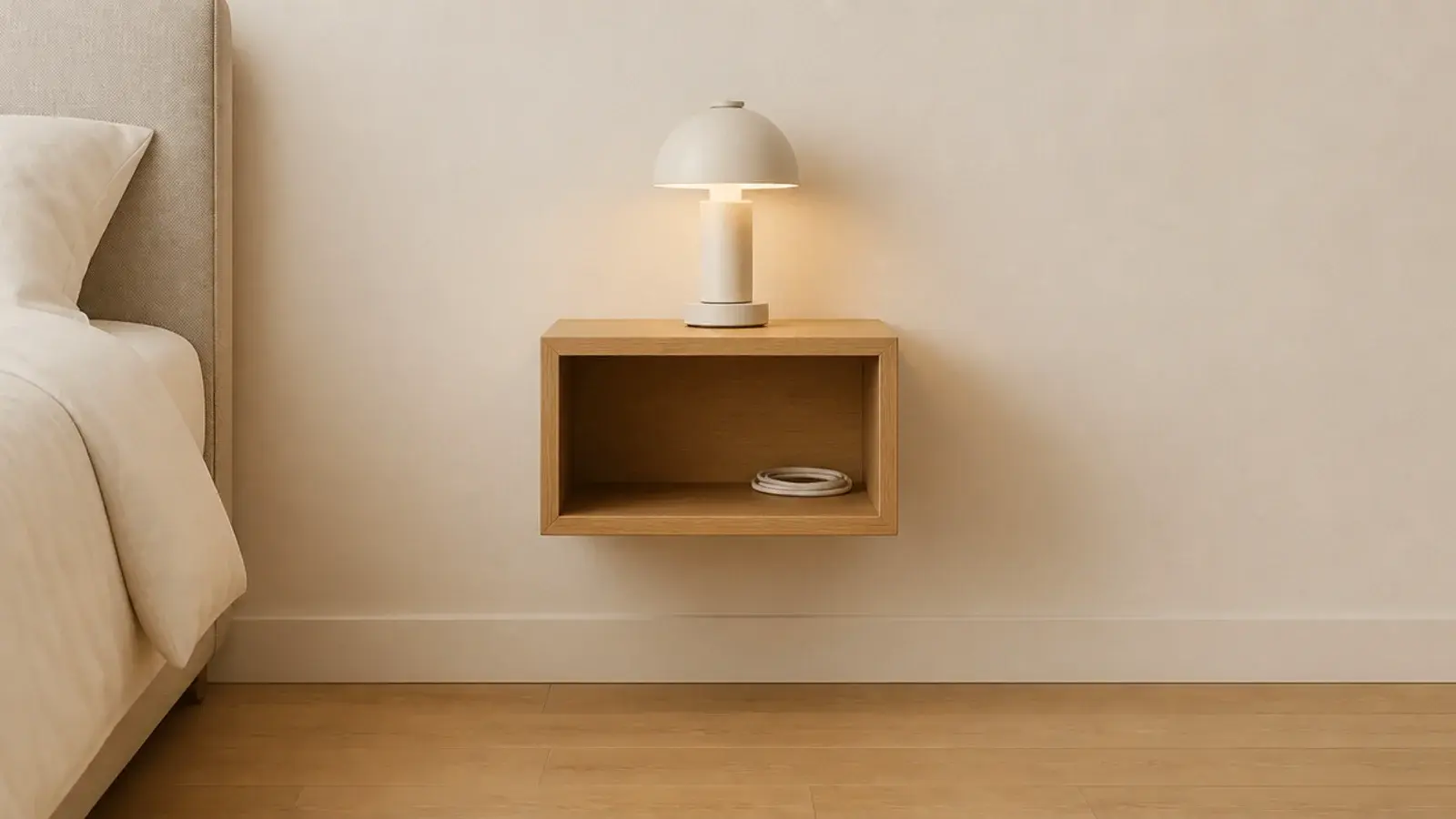 small open wooden cube mounted on a wall beside a bed head