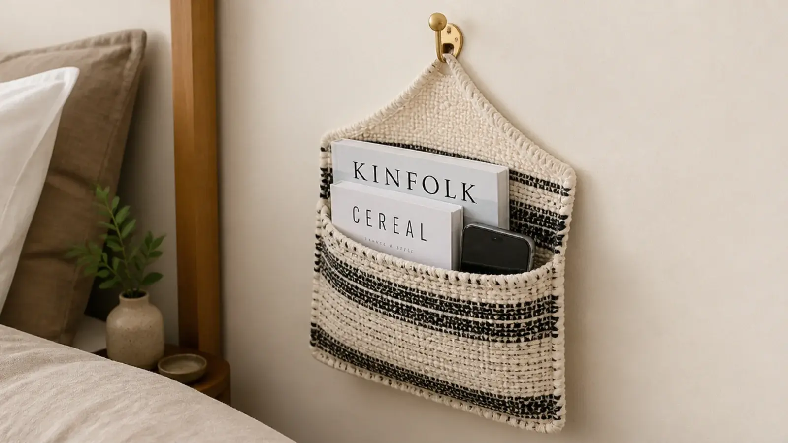 fabric wall pocket hung beside a bed holding magazines and a phone