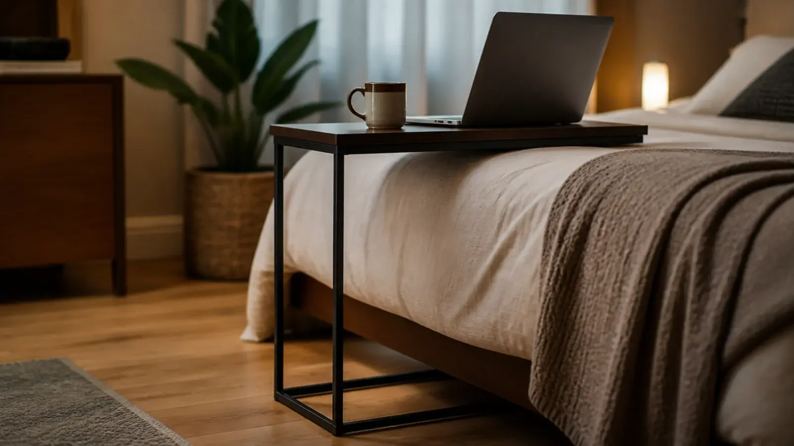 C shaped side table with its base sliding under a bed edge