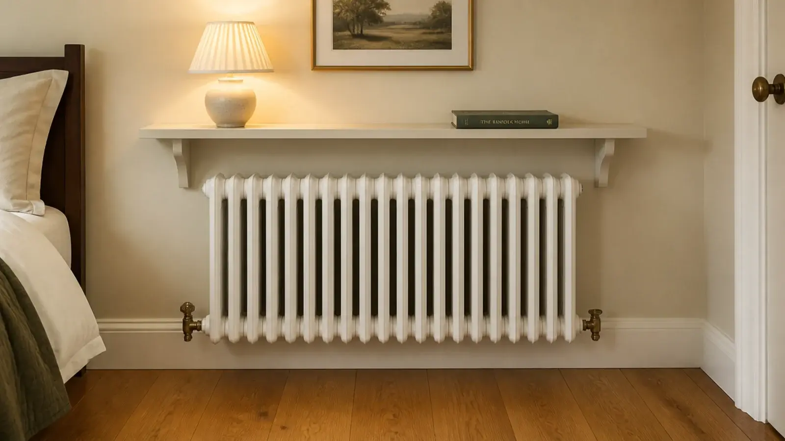 narrow shelf fitted above a bedroom radiator holding a lamp and book