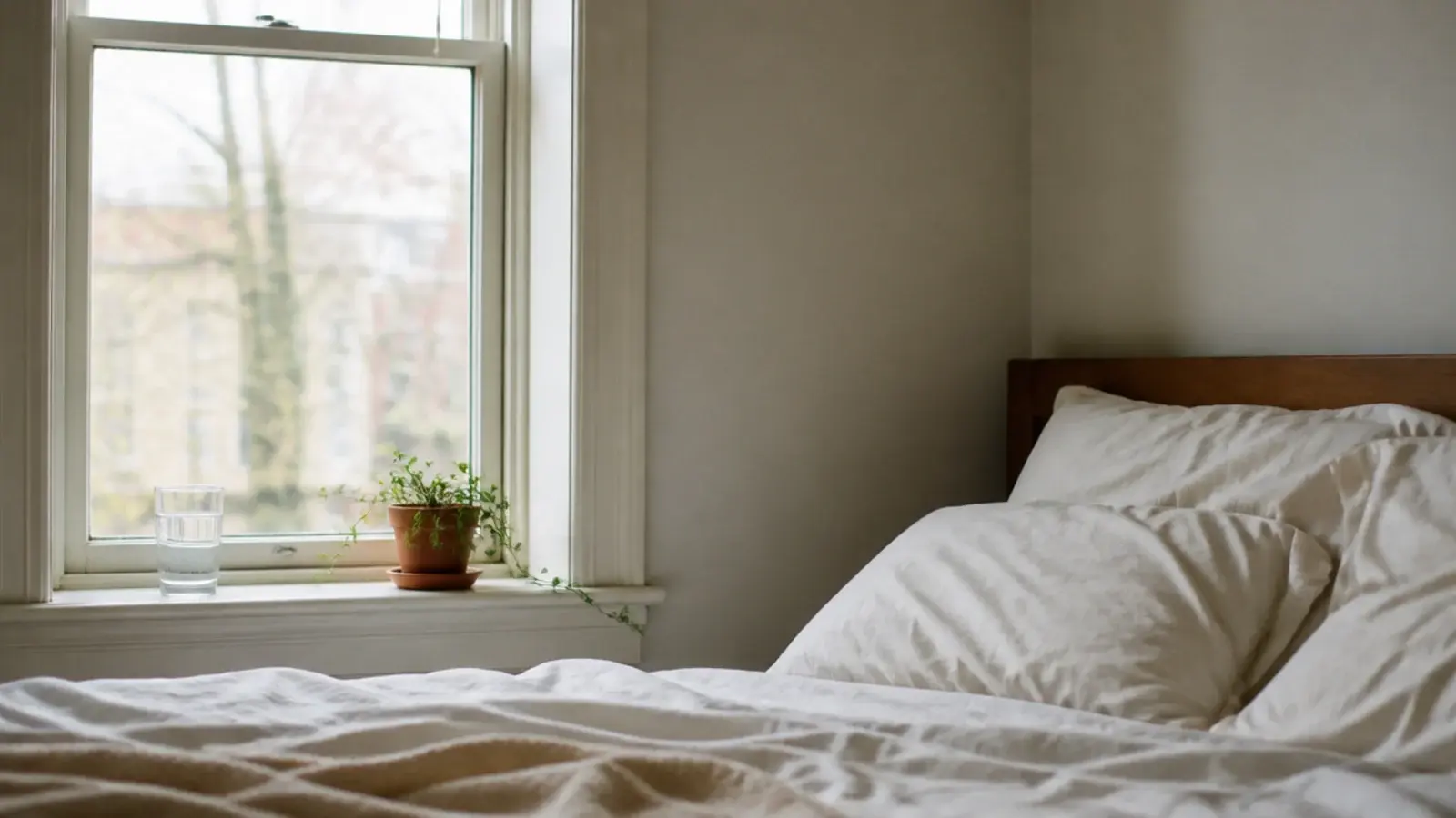 bed positioned beside a window with items resting on the sill