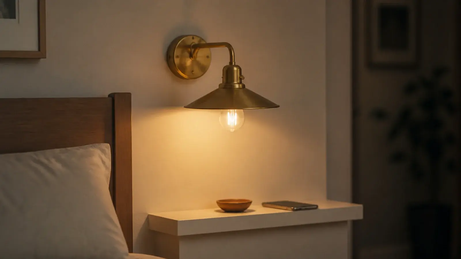 wall sconce mounted above a very small ledge beside a bed head