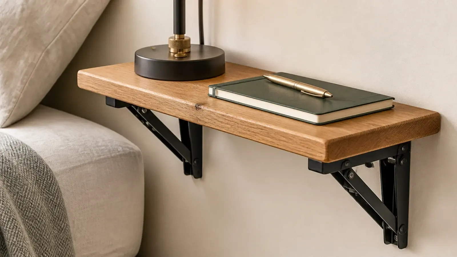 metal fold down bracket supporting a small timber bedside surface