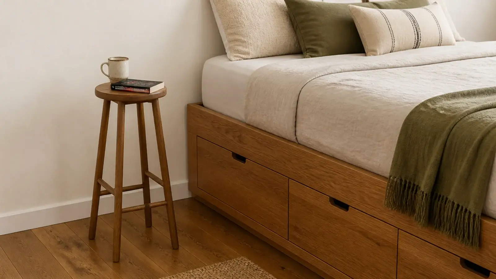 wooden bar stool with small round seat used beside a tall bed