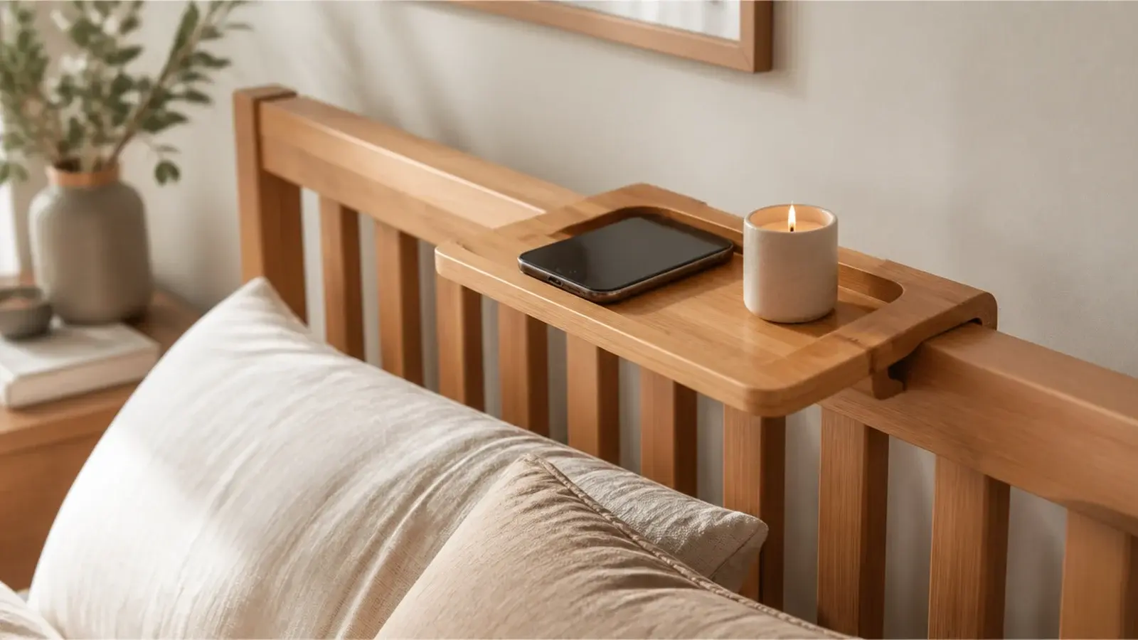 small clip on shelf fastened to the top edge of a headboard