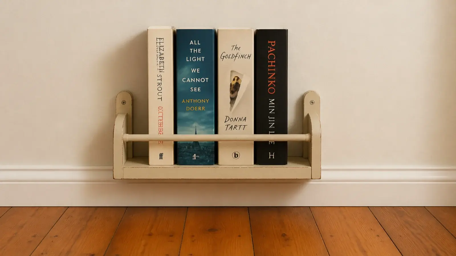 narrow spice rack mounted on a wall holding paperbacks spine outward