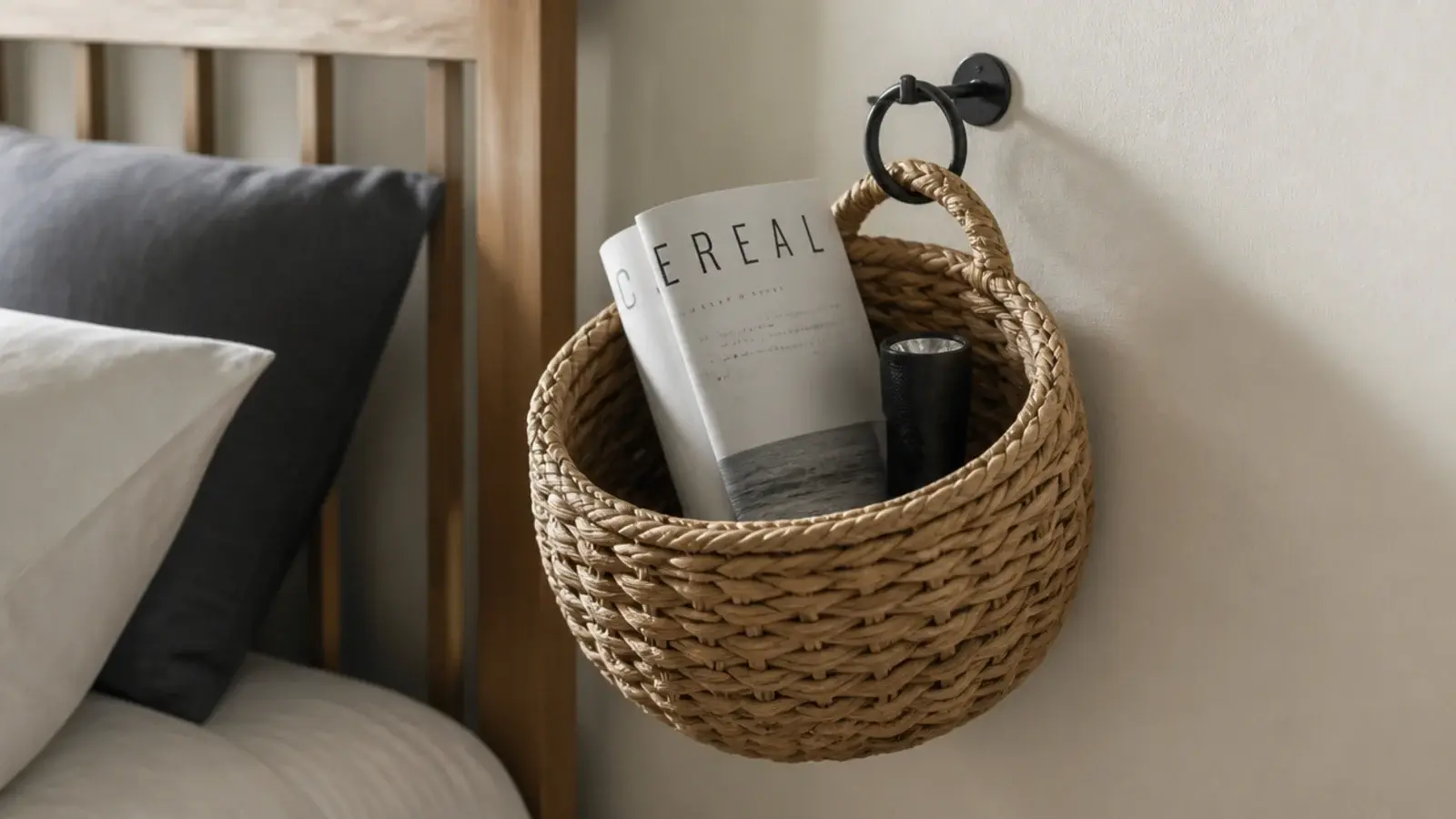 woven basket hanging from a single wall hook beside a bed