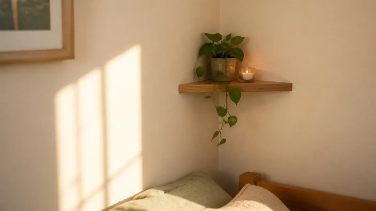 small triangular corner shelf mounted high above a bed corner