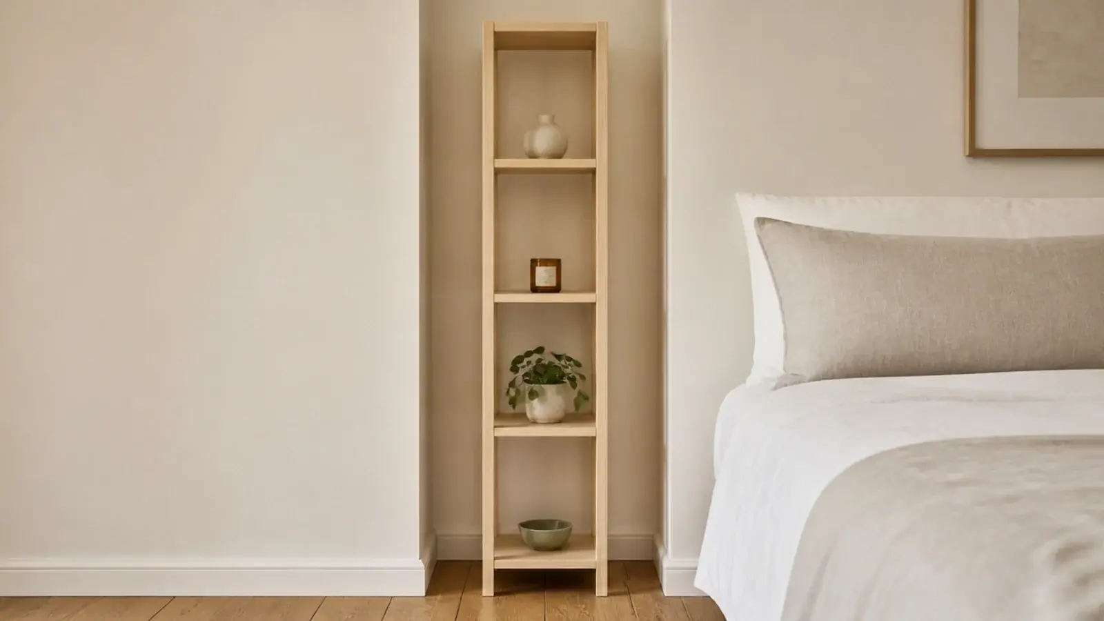 tall narrow four shelf tower standing in a slim bedside gap