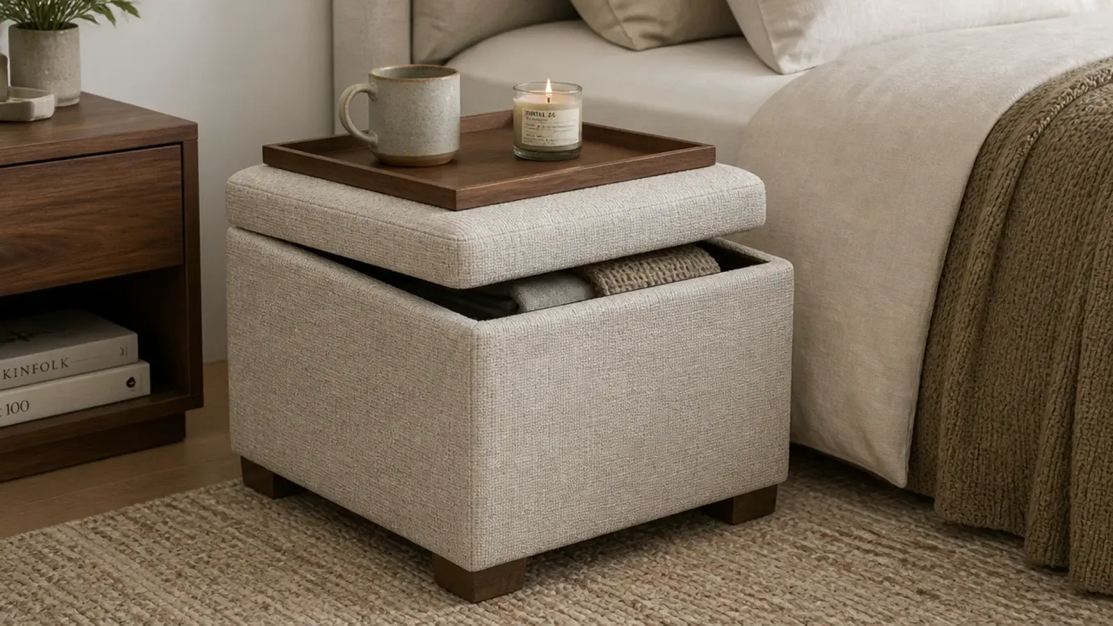 small upholstered ottoman with a rigid tray resting on its cushion