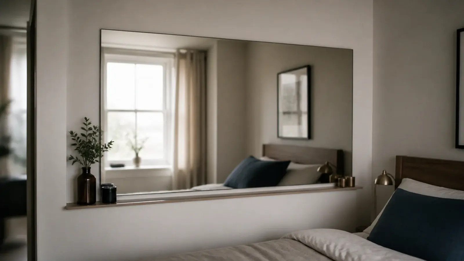 mirror panel above a slim ledge reflecting a small bedroom corner