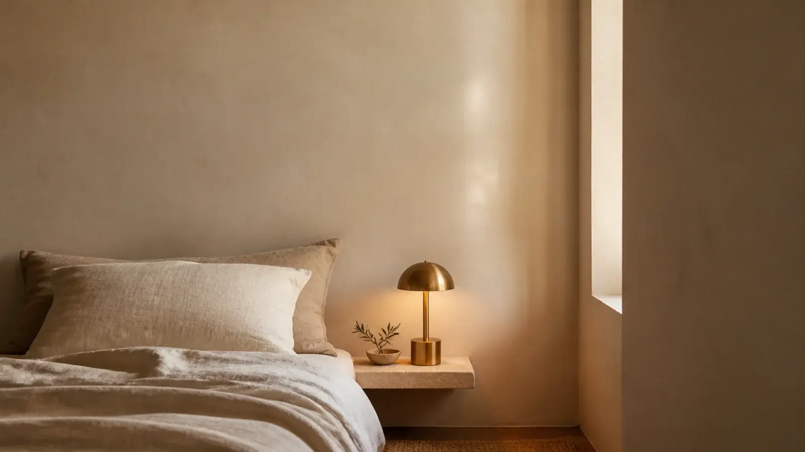 tall view of small bedside table ideas in a narrow bedroom beside linen bedding