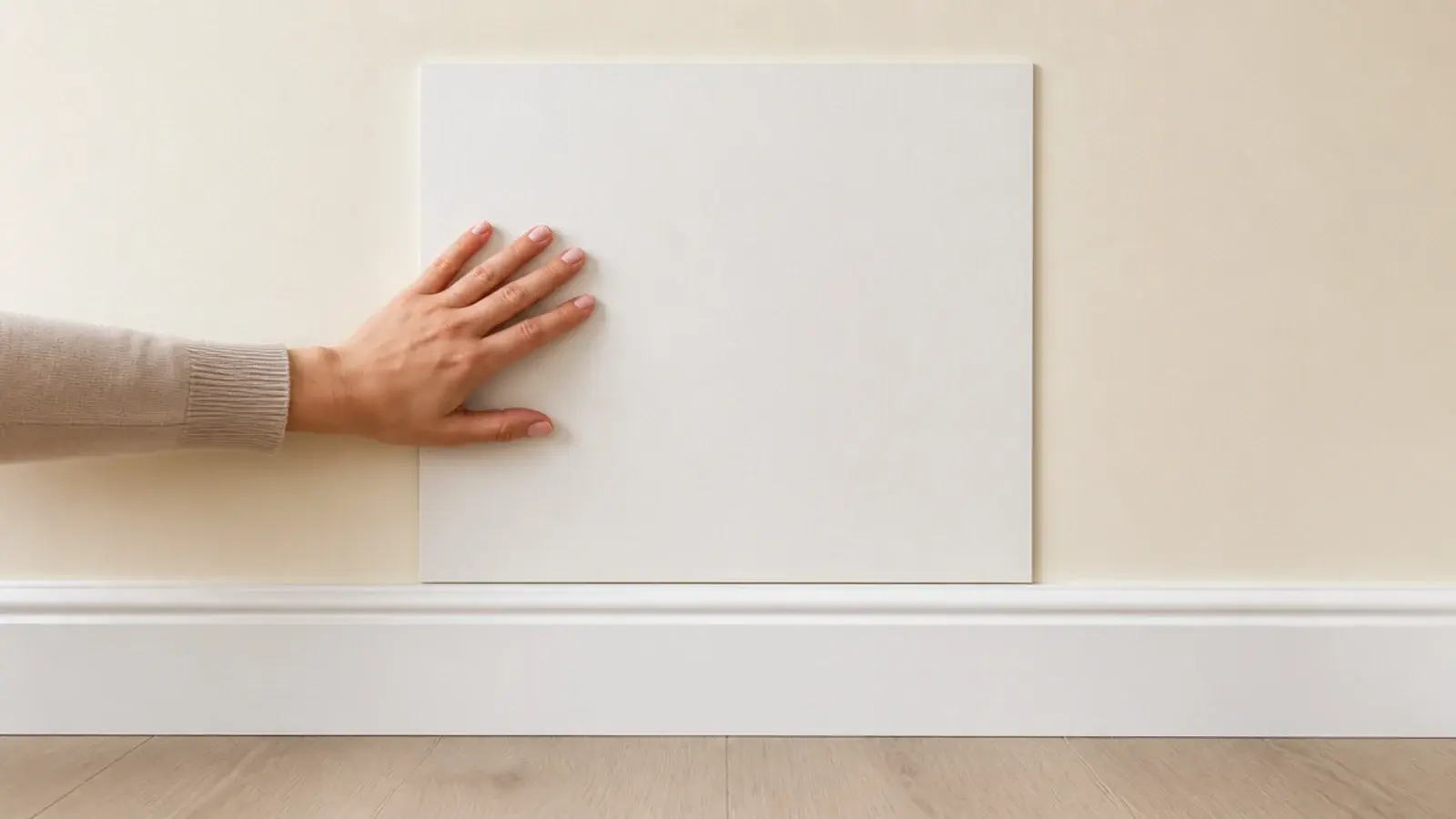 painted sample board held flat against a bedroom wall for comparison
