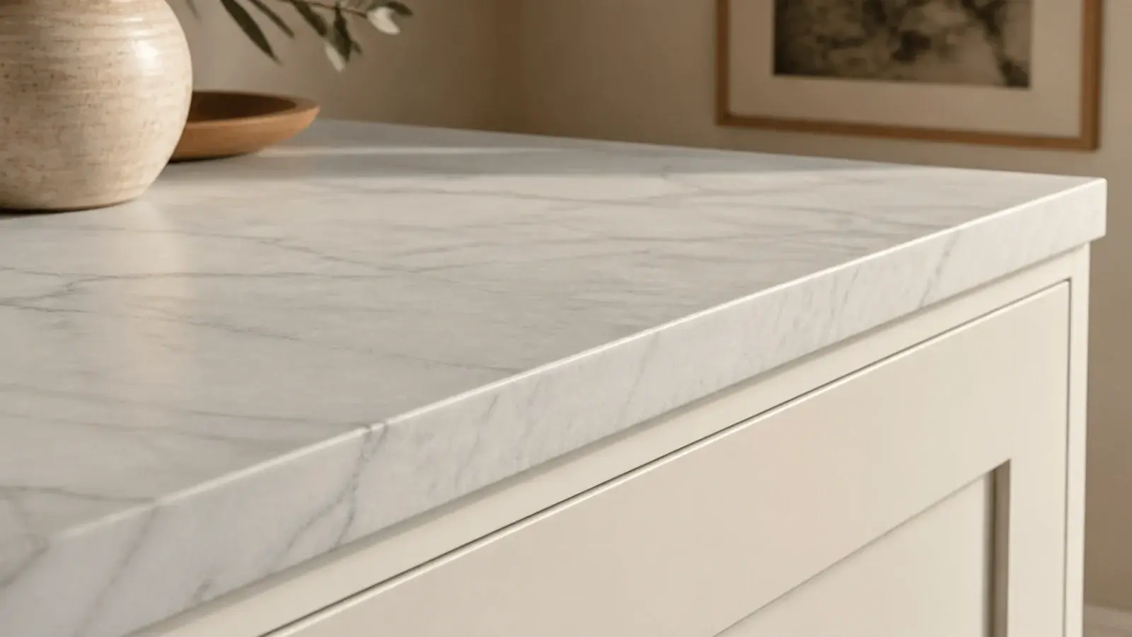white marble top with grey veining above a plain white painted base
