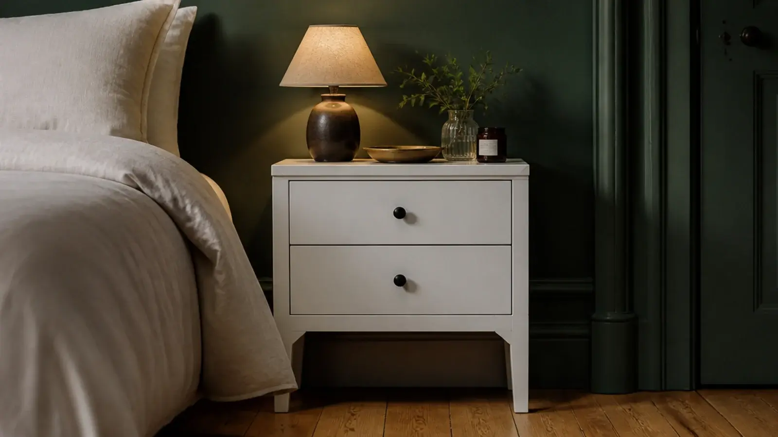 white bedside cabinet standing against a deep painted green wall