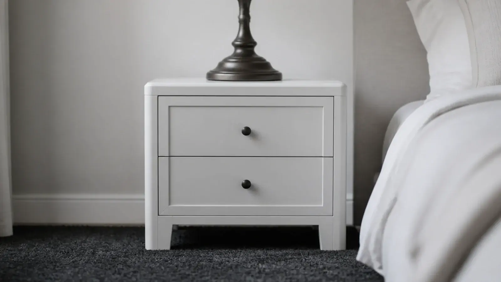 dark rug and dark lamp base grounding a white bedside arrangement