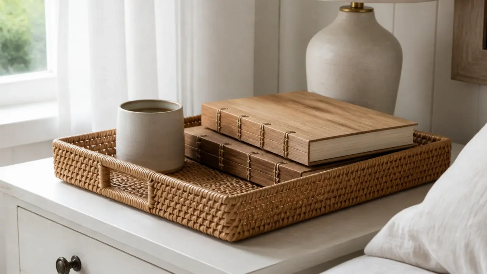 rattan tray and wooden book stack softening a white painted cabinet