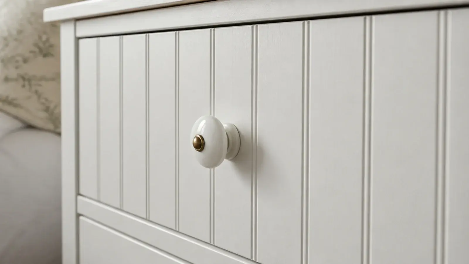 white beadboard drawer fronts with fine vertical grooves catching shadow