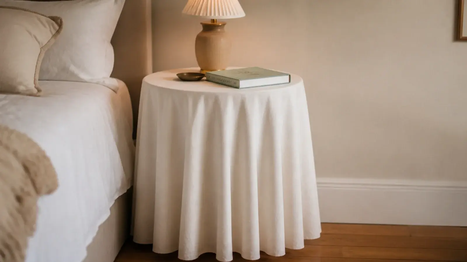white linen skirt falling from a round bedside table to the floor