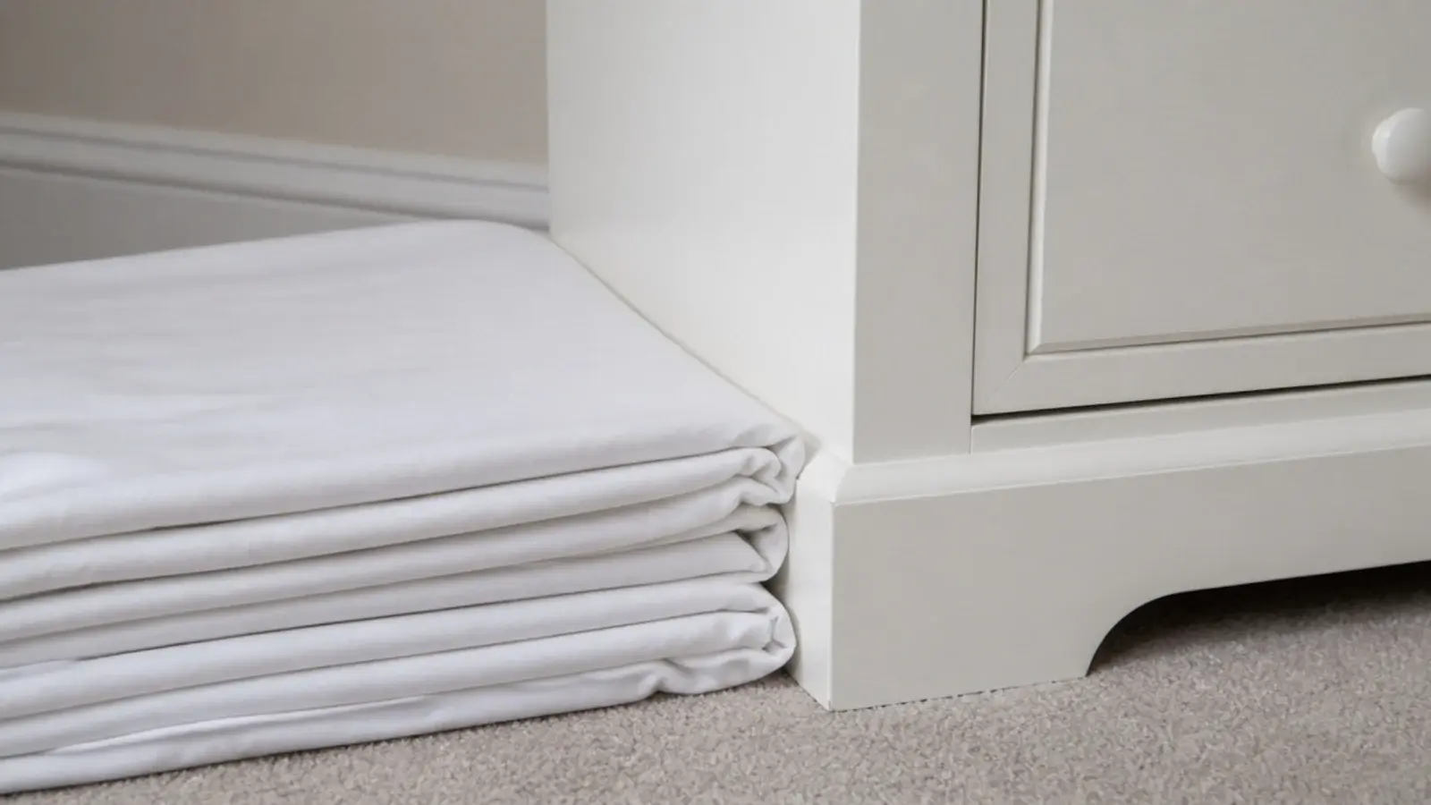 white cabinet compared directly against folded white bed linen