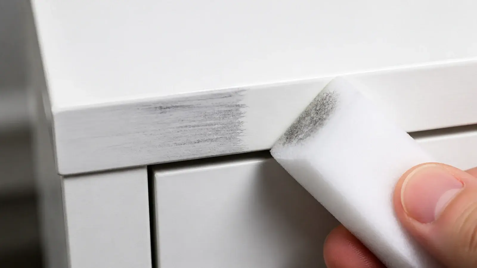 melamine foam sponge lifting a grey scuff from a white cabinet edge