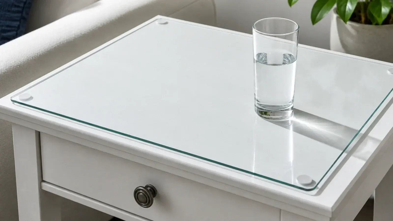cut glass panel laid over a white tabletop protecting the paint beneath