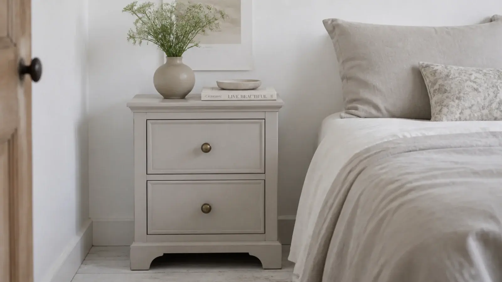 soft greige painted bedside table beside a crisp white bedroom wall