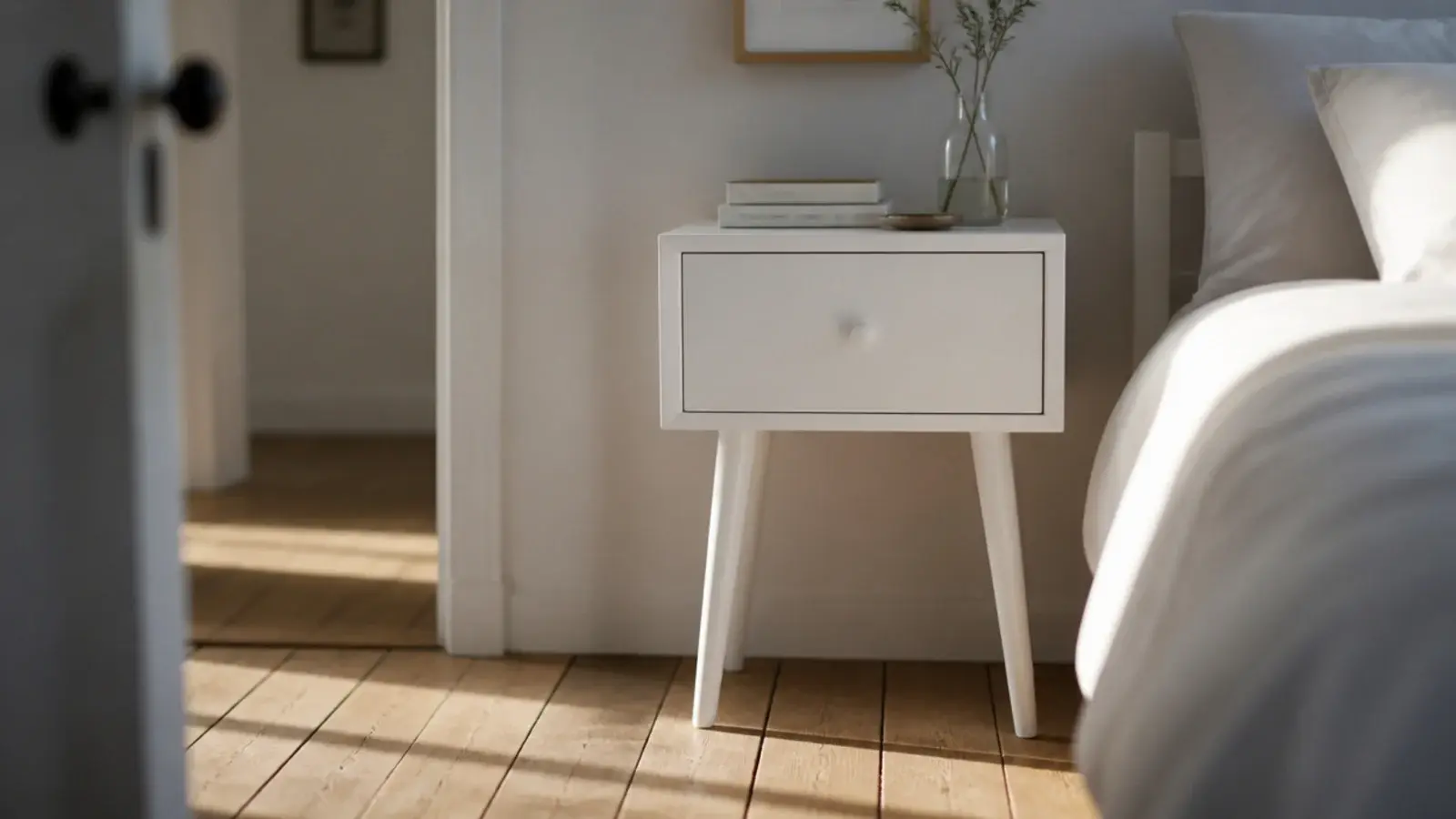 white table on slim legs with floorboards visible running beneath it