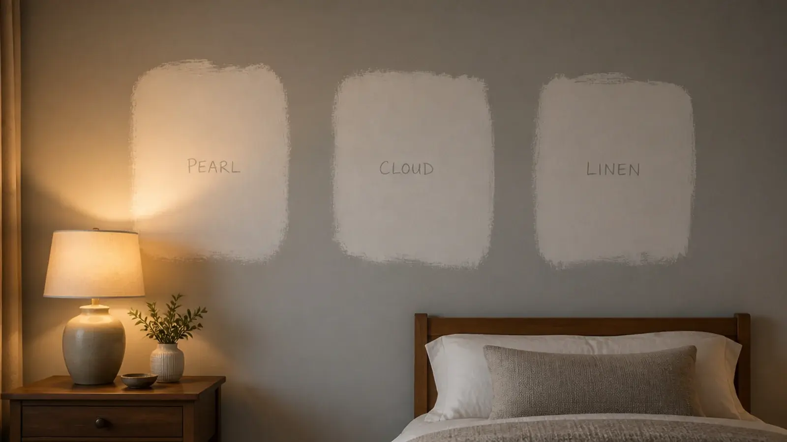 three white paint patches brushed onto a bedroom wall beside a lamp