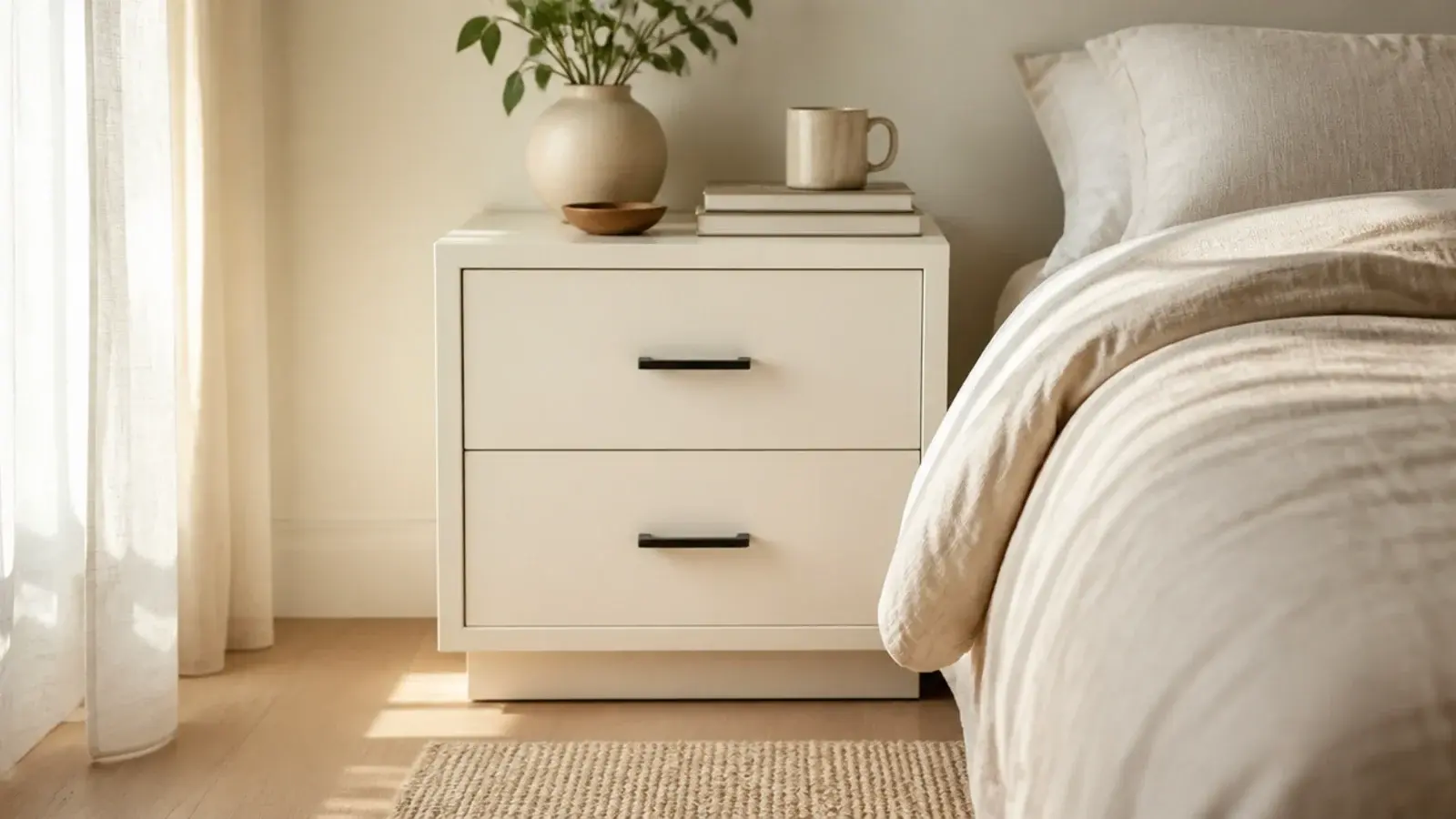 white bedside table with black hardware beside a bed in a bright room