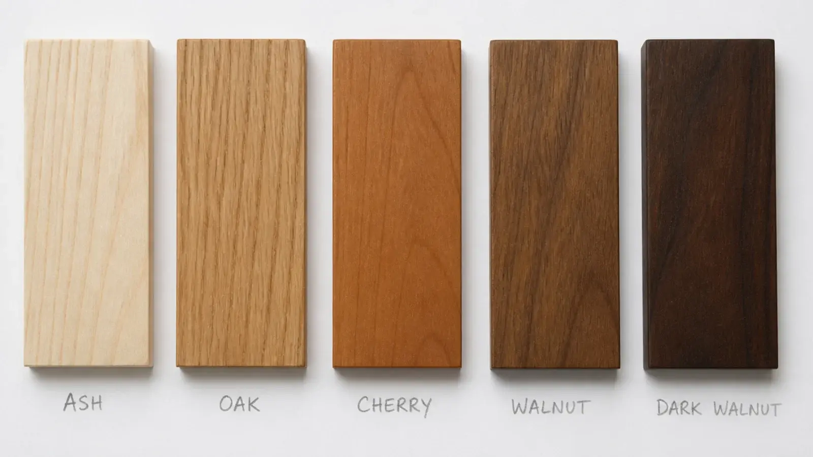 five timber samples laid in a row from pale ash to dark walnut